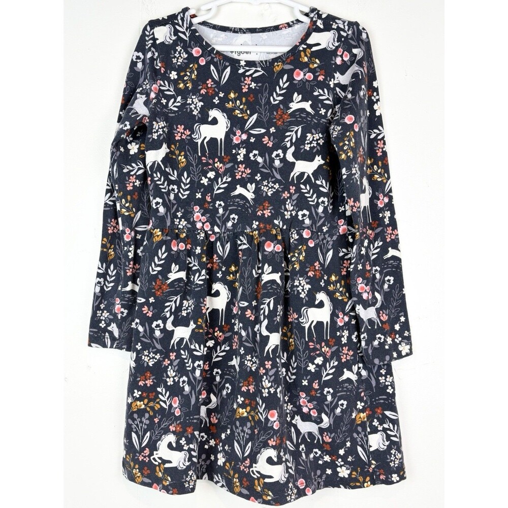 Rumi + Ryder Dress Twirl Unicorn Forest Floral Navy Blue Long Sleeve Sz SM (6/7)
